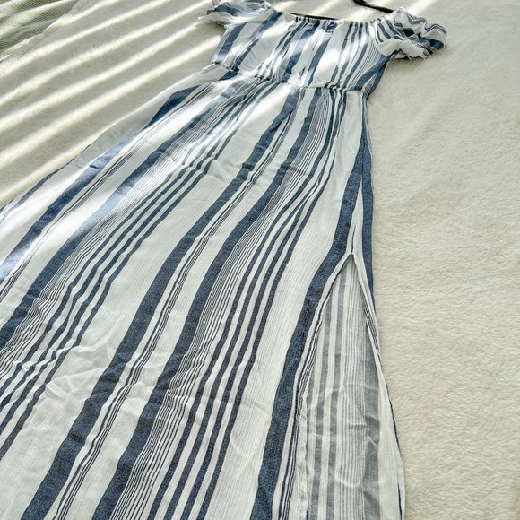 Linen Maxi Dress High Slit w/ Elastic Waistband Blue and White Stripes - Picture 5 of 7